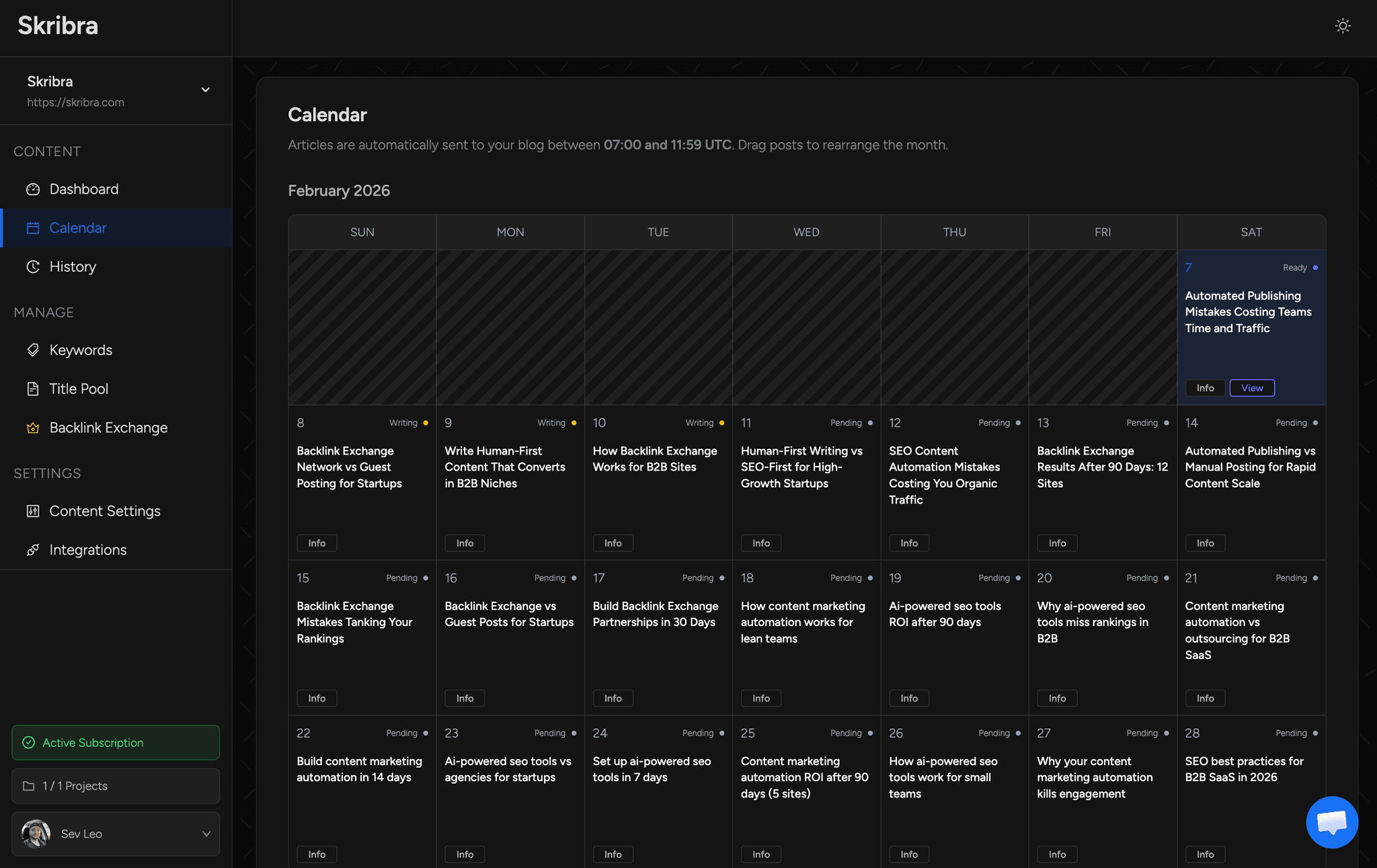 Skribra content calendar interface in dark mode displaying automated SEO content scheduling