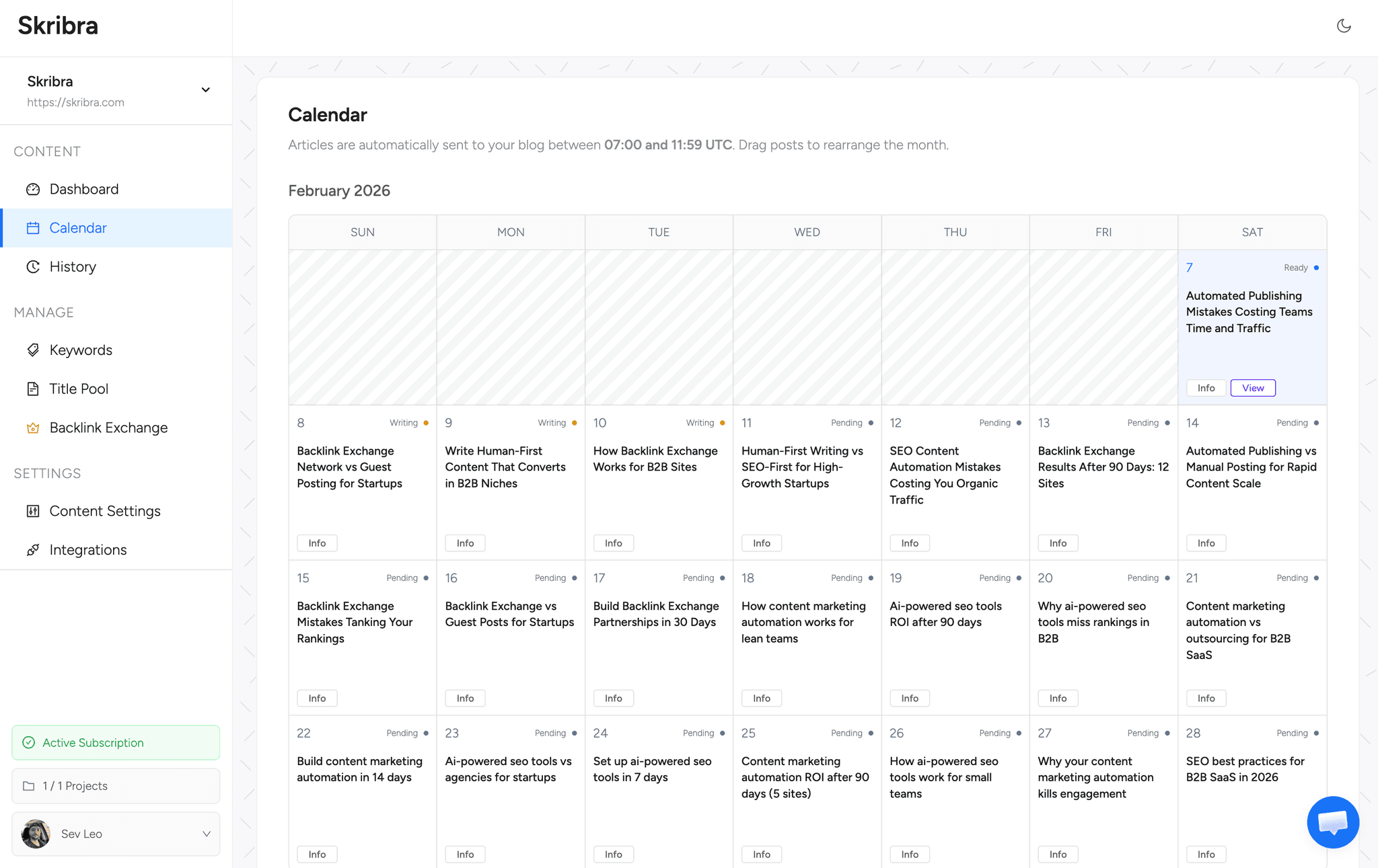 Skribra content calendar interface showing scheduled SEO articles with daily publishing automation